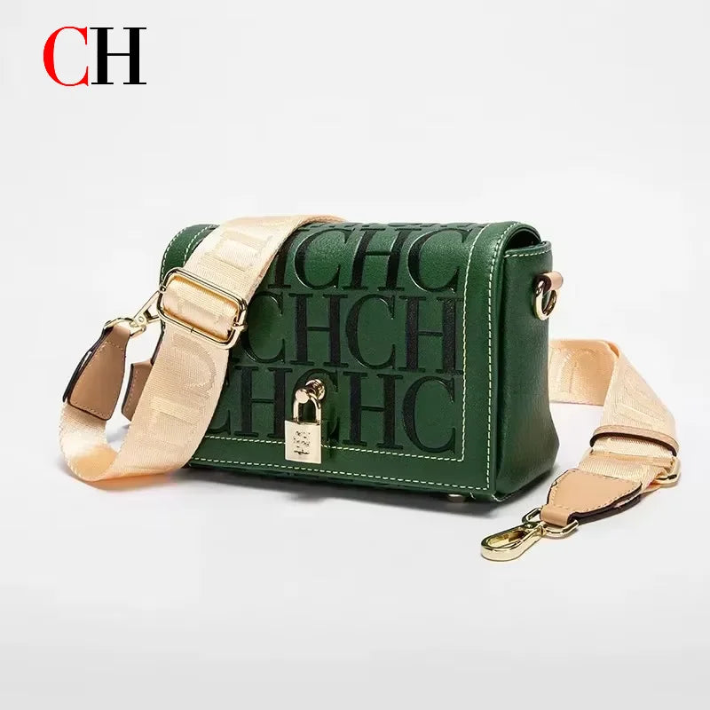 CH Crossbody Bag For Women Luxury Monogram Leather Handbag Fashion Wide Strap Shoulder Bag Elegant Lock Flap Bag For Daily Use