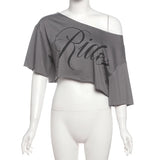 KSylCue Letter Print Off-Shoulder Crop Top
