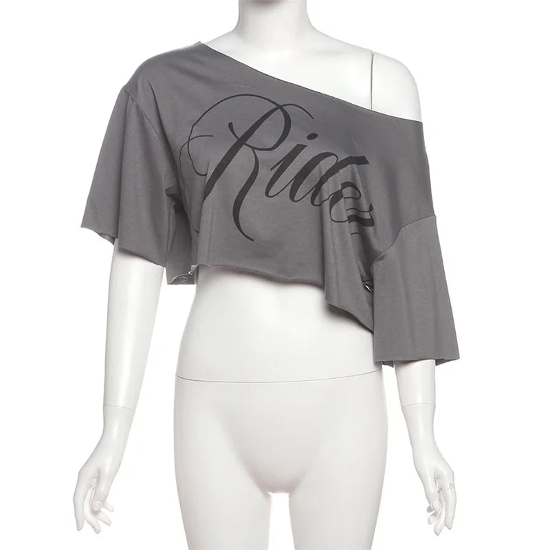 KSylCue Letter Print Off-Shoulder Crop Top