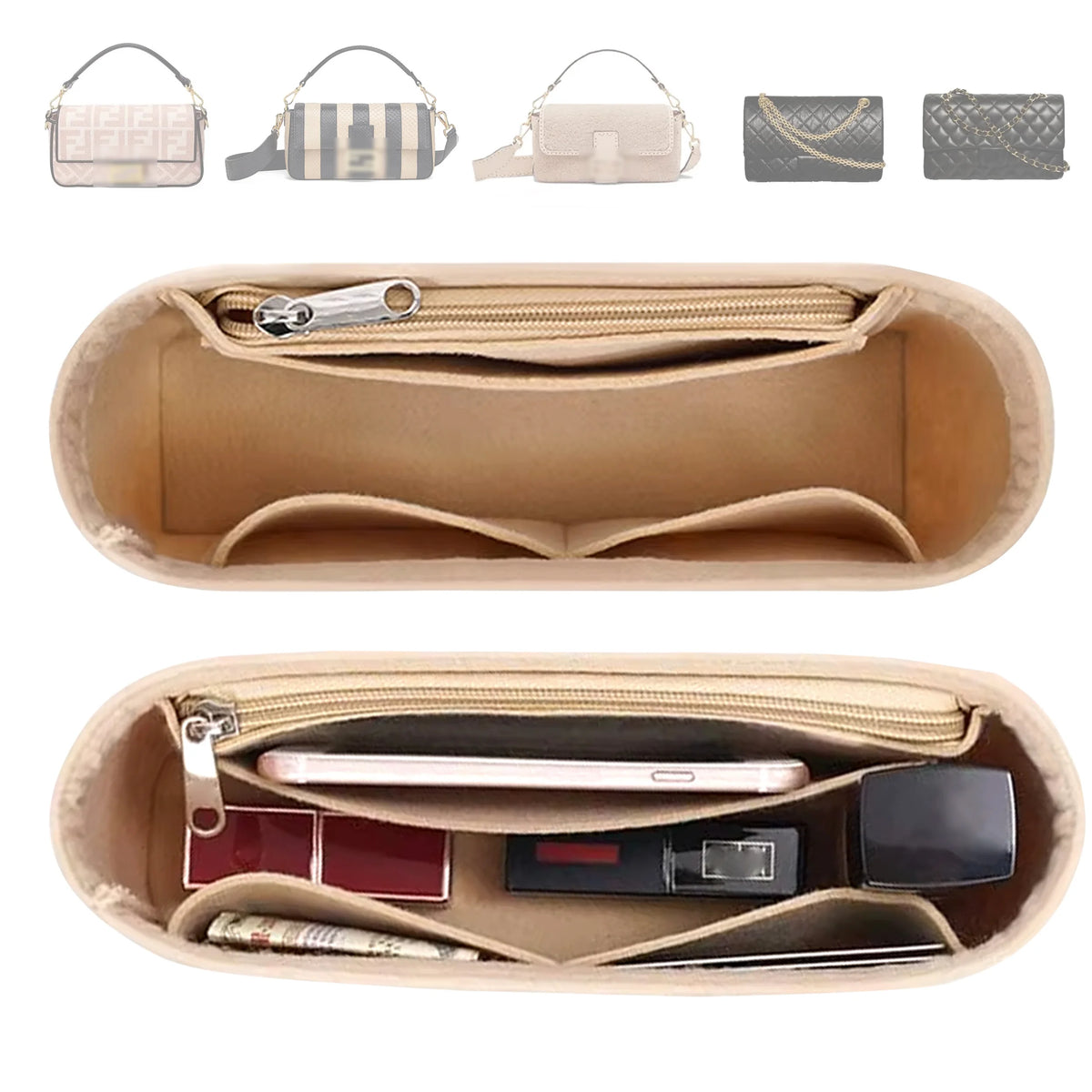 Felt Purse Organizer Insert with Zipper – Inner Liner Pouch for Shoulder Bags, Handbags & Totes, Women Storage Bag, 3 Size