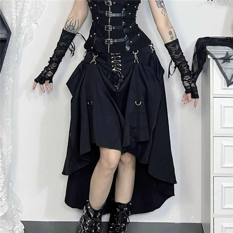 Gothic High-Waist A-Line Midi Skirt | Harajuku Grunge Y2K
