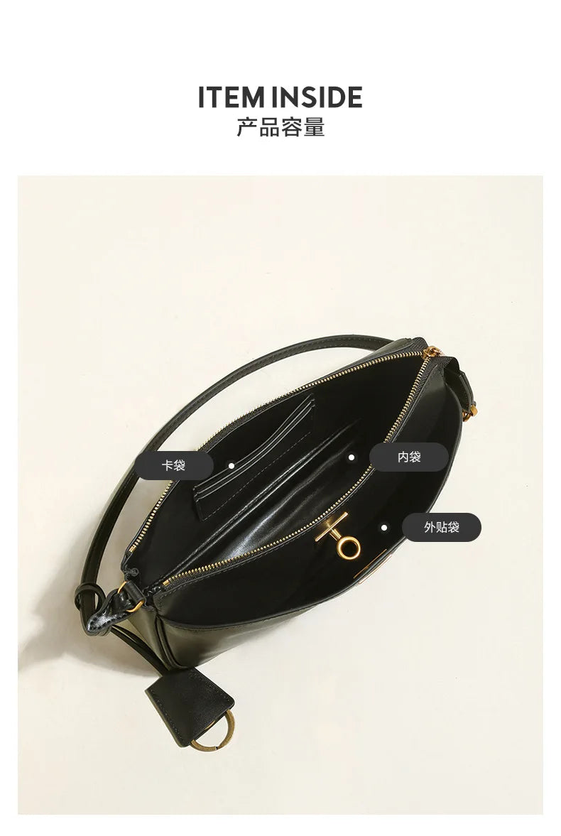 2026 Spring New Luxury Brand Women Shoulder Bags Split Leather Black Handbags Women Fashion Gold Buckle Underarm Bags