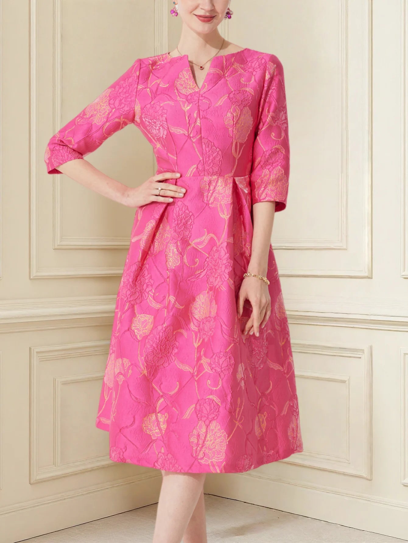 Women's Rose Jacquard V-Neck A-Line Party Dress