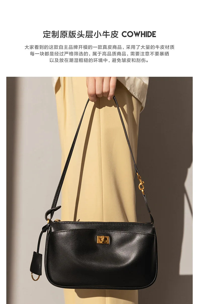 2026 Spring New Luxury Brand Women Shoulder Bags Split Leather Black Handbags Women Fashion Gold Buckle Underarm Bags
