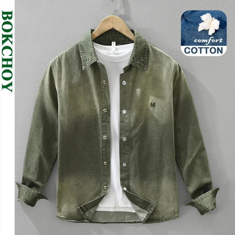 2025 Autumn New Letter-embroidered Vintage Washed Long Sleeve Denim Shirt for Men Clothing Cotton Versatile Streetwear CM7738