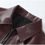 Vintage Wine Red Loose Short Leather Jacket Women Fashion Lapel Long Sleeves Zipper Cropped Coat 2025 Autumn Lady Street Outwear