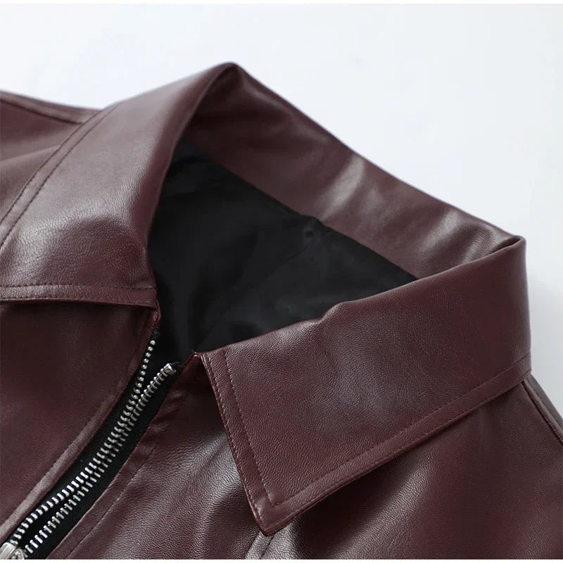 Vintage Wine Red Loose Short Leather Jacket Women Fashion Lapel Long Sleeves Zipper Cropped Coat 2025 Autumn Lady Street Outwear