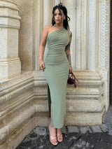 Women's One-Shoulder Sleeveless Backless Split Midi Dress