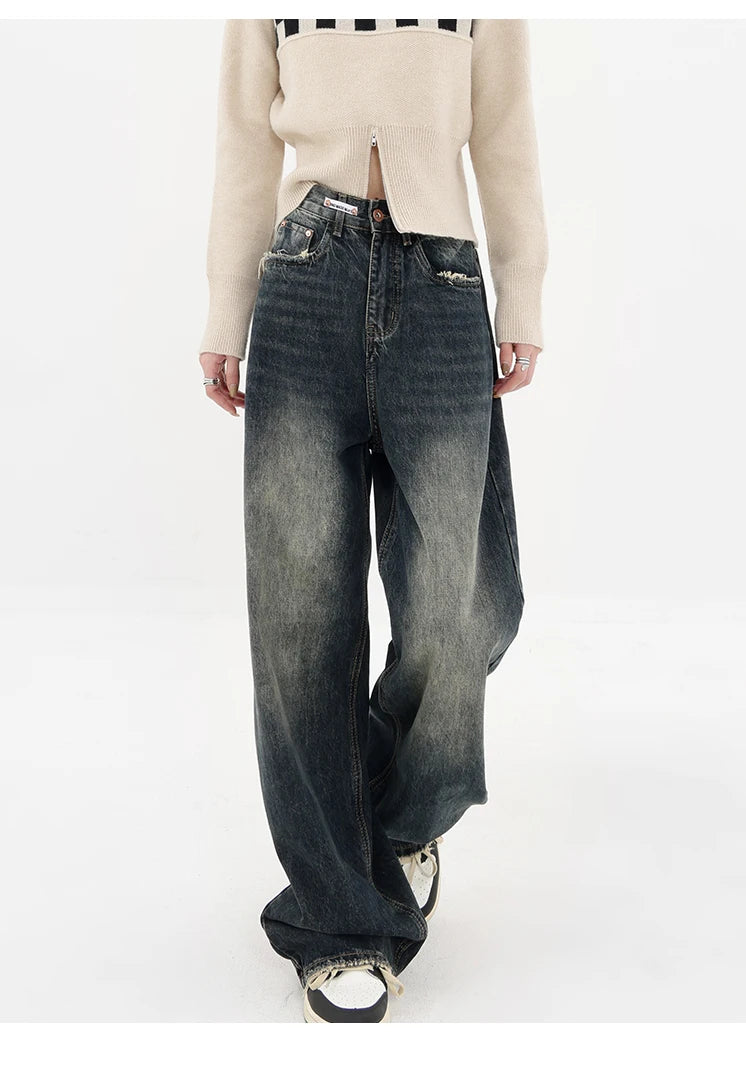 Harajuku Streetwear Retro Fashion Autumn Women High Waist Jeans Loose Wide Leg Straight Loose Denim Trousers Y2K Baggy Pants