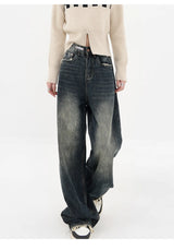 Harajuku Streetwear Retro Fashion Autumn Women High Waist Jeans Loose Wide Leg Straight Loose Denim Trousers Y2K Baggy Pants