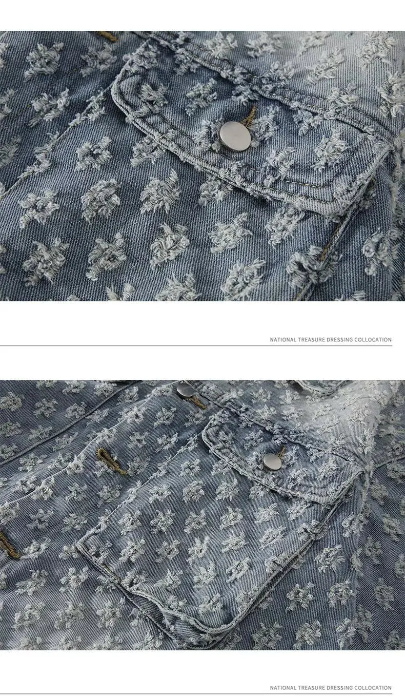 Fashionable Premium Jacquard Washed Denim Jacket for Men - Autumn New Arrival American Vintage Distressed Streetwear Style