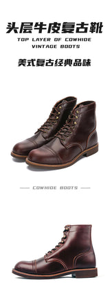 KOWM Hiking shoes men's walking boots British cowhide high top motorcycle boots ankle casual sneakers trekking shoes thick soled
