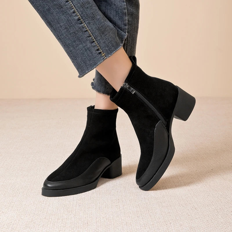 AIYUQI 2026 New Women's Short Boots Genuine Leather Chunky Heel High Heel Boots Female Large Size Pointed Toe Women Ankle Boots