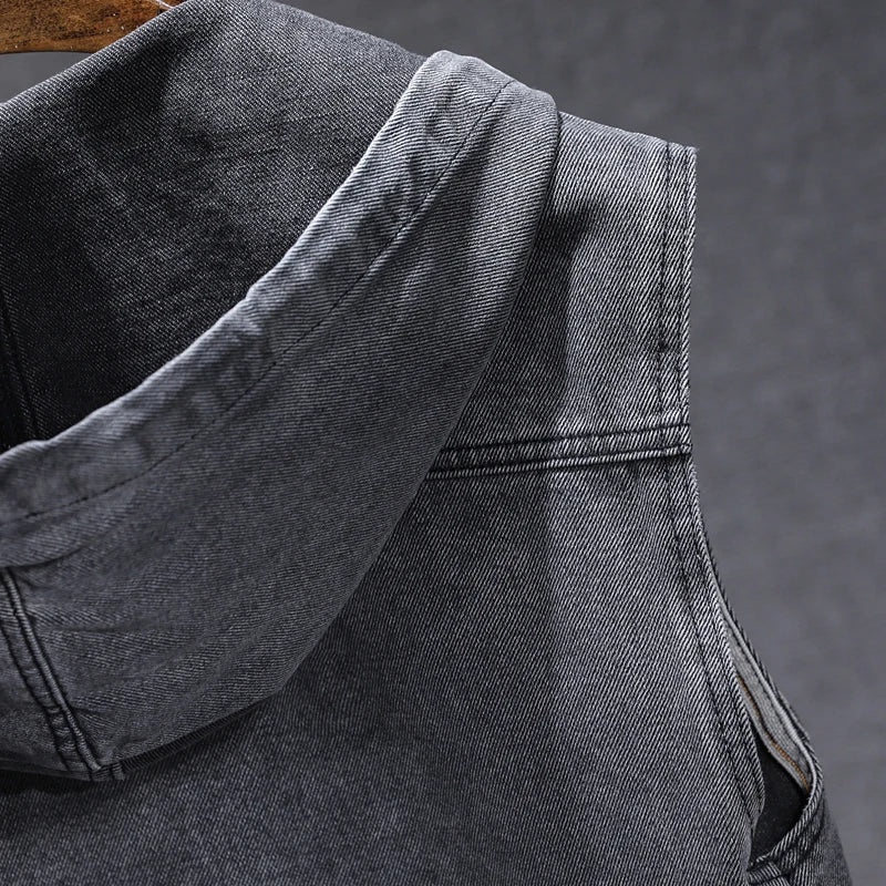 New Men's Loose Workwear Denim Vest with Hood Sleeveless Everyday Versatile Shoulder Pad Jacket Casual Unisex Outerwear