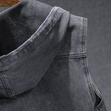 New Men's Loose Workwear Denim Vest with Hood Sleeveless Everyday Versatile Shoulder Pad Jacket Casual Unisex Outerwear