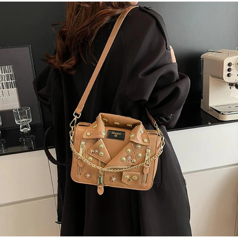 Jacket Collar Shaped Crossbody Shoulder Bag,Women Metal Flower Studded Handbag ,Niche Designer Streetwear Fashion Rivet Tote Bag