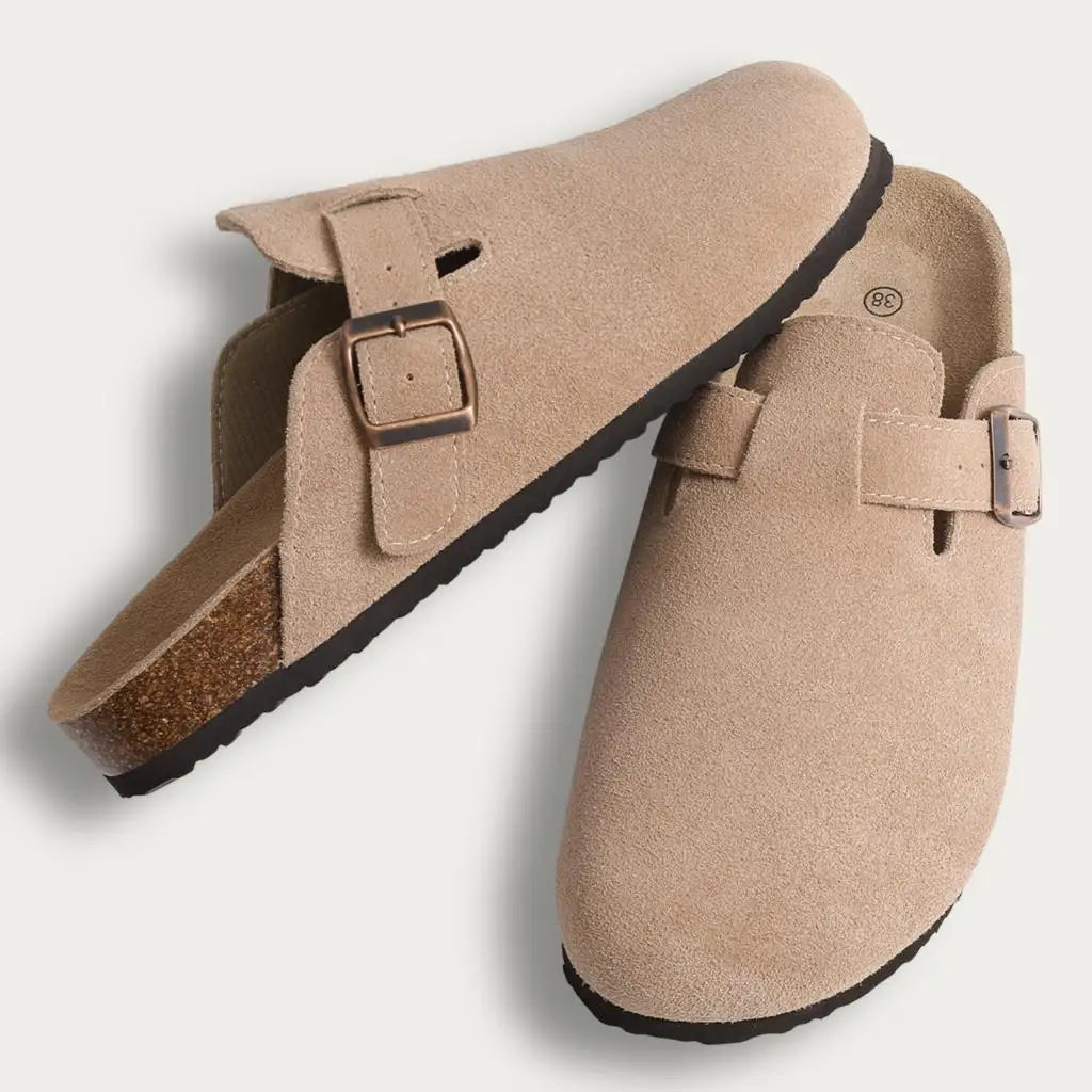 Evshine Men's Suede Clogs Fashion Leather Mules Cozy Footbed Slippers With Adjustable Buckle AntiSlip Cork Slippers Unisex Mules