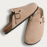 Evshine Men's Suede Clogs Fashion Leather Mules Cozy Footbed Slippers With Adjustable Buckle AntiSlip Cork Slippers Unisex Mules