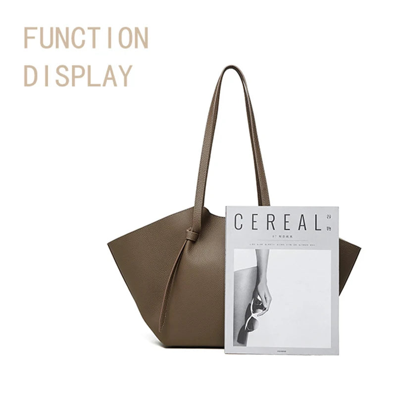 New Women's Large Capacity Cowhide Tote Fashionable Bat Wing Design Genuine Leather Handbag for Commuting Versatile Ladies Bag
