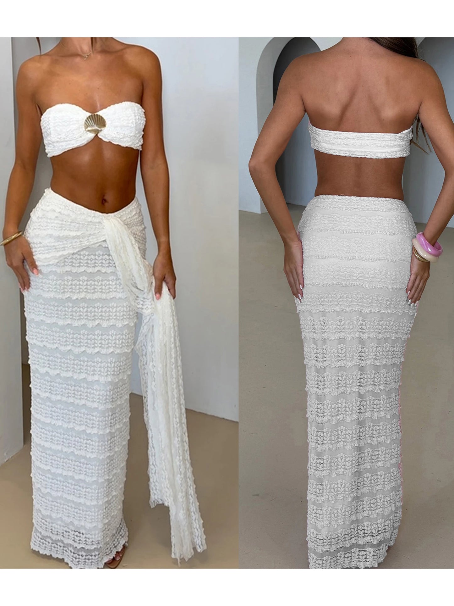 Shell Print Bandeau & Tie-Front Skirt Set
