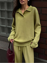 Hirsionsan Winter Thick Women Knitted Suits Soft 2 Pieces soft Female Sets Polo Neck Sweater & Wide Leg Pants Knitted Outfit