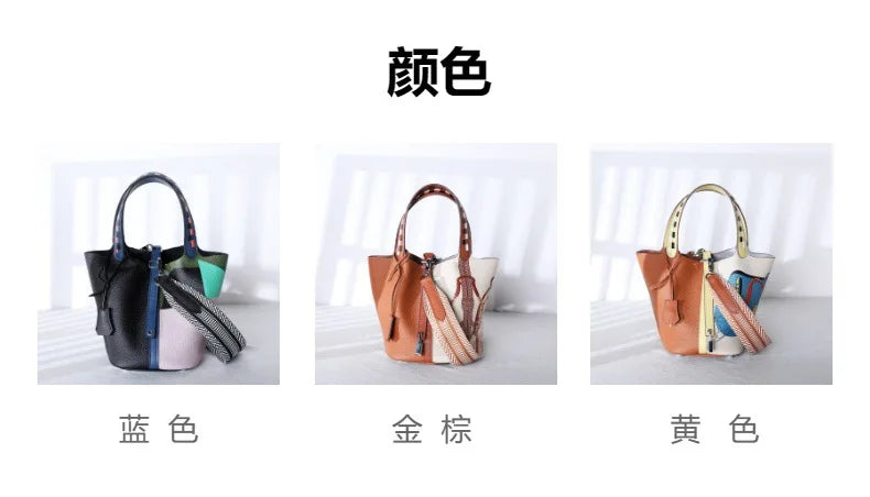 Purses and Handbags Bags for Women Painting Vegetable Basket Handbag Adjustable Shoulder Strap Genuine Leather Bucket Bag