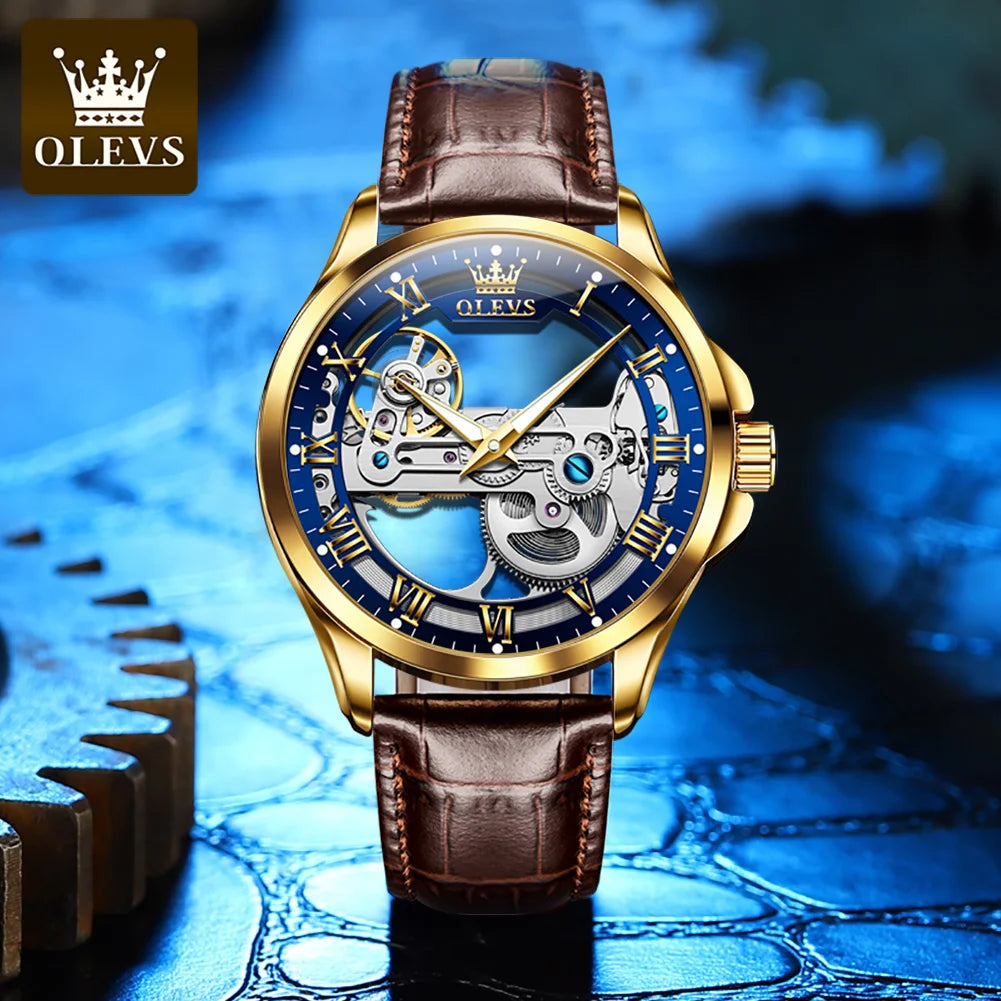 OLEVS 6661 Automatic Mechanical Man Watch Full Transparant Skeleton Flywheel Leather Strap Luxury Brand Original Mens Wristwatch