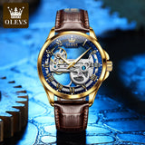 OLEVS 6661 Automatic Mechanical Man Watch Full Transparant Skeleton Flywheel Leather Strap Luxury Brand Original Mens Wristwatch