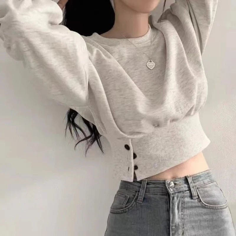 Autumn Women Solid O-Neck Slim Crop Top Lantern Sleeve With Button  Sweat Casual Hip-Hop Sporty Pullover Sweet Chic Street Wear
