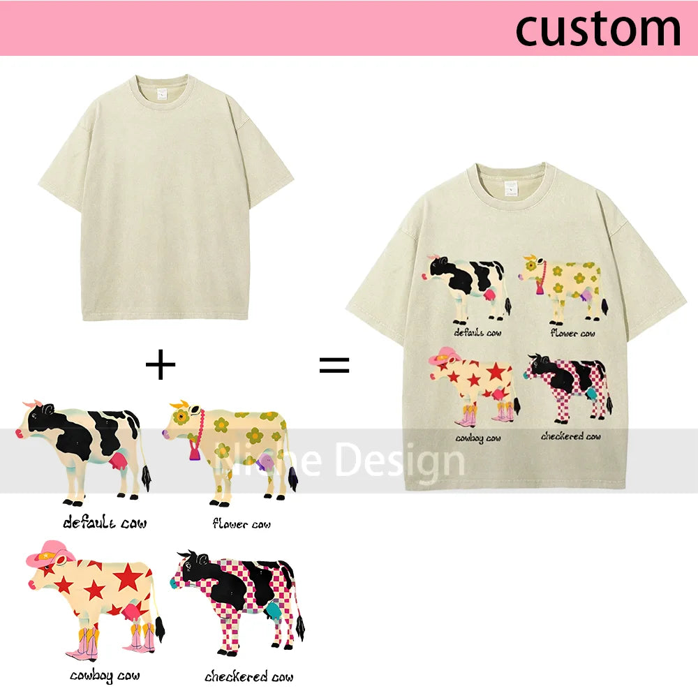 Cute Cartoon Cow Print T-Shirt Pure Cotton Washed Shoulder Round Neck Neutral Style Fashion Trend New High Quality Short Sleeves