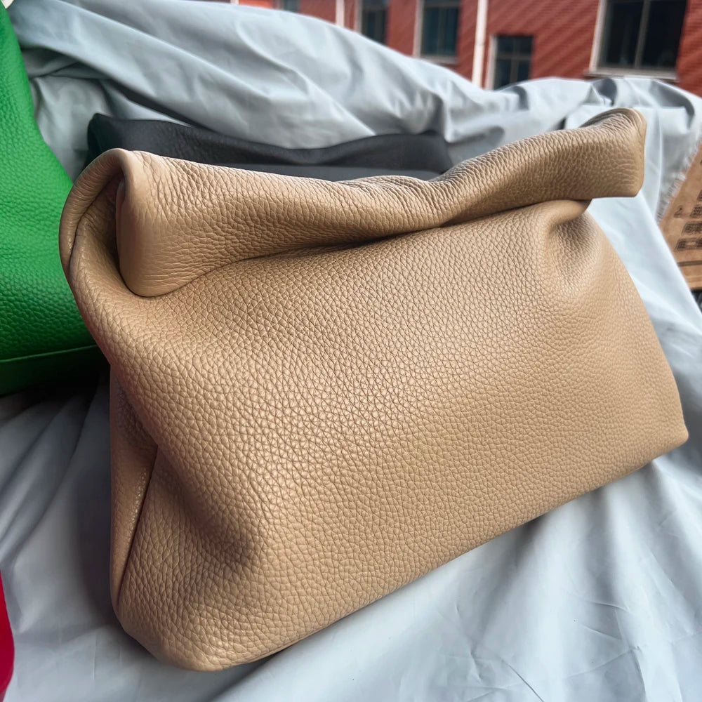 100% Genuine Leather Cowhide Handbag High Quality Leather Women's Foldable Designer Handbag Simple Magnet Handle Bags
