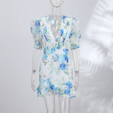 Print  Dress Women's Floral Satin Mini Dress Deep V-Neck Puff Sleeves Peplum Waistband Two-Piece Party Dresses Woman Clothes