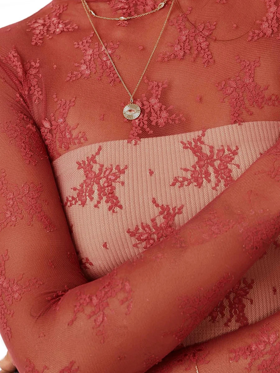 Floral Lace Sheer Mesh Long Sleeve Top