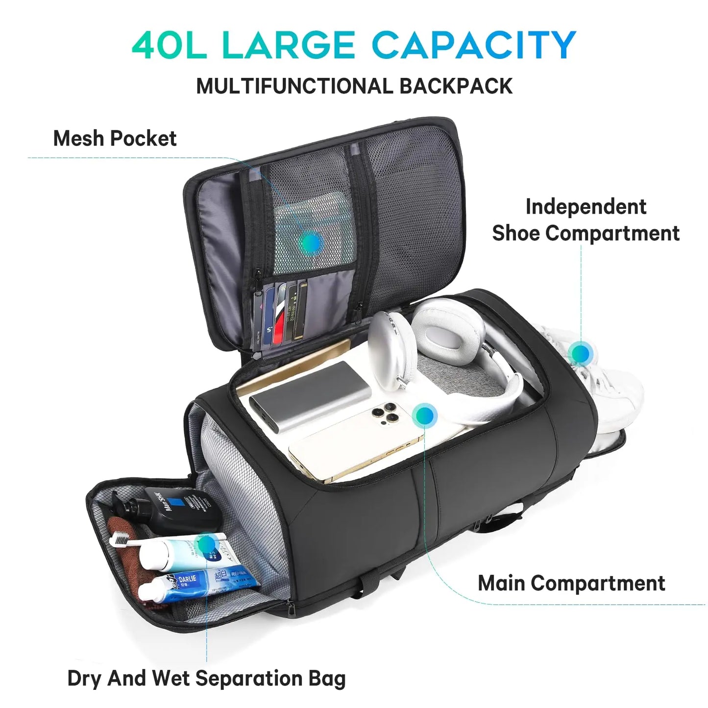 BANGE Multi New Men Backpack Sports Travel Business Large Capacity Dry and Wet Separation Outdoor Hiking with Shoe Compartments