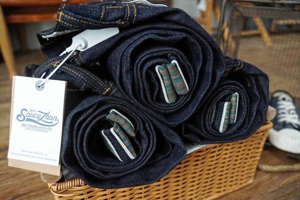 SAUCE ZHAN Mens Jeans Rainbow Sanforized Selvedge Denim Jeans Man Python Skin Labels Regular Fit 14 Oz