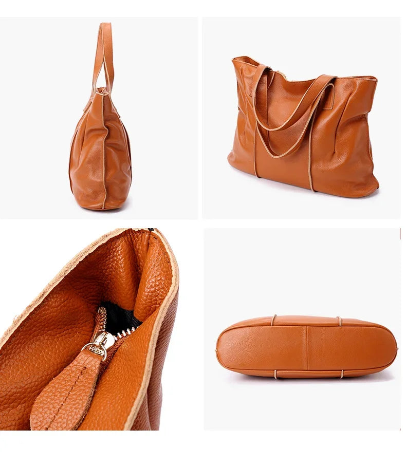 Women's Large Capacity Cowhide Handbag Female Retro Fashion Luxury Bags Ladies Real Natural Cow Leather Shoulder Bag for Lady