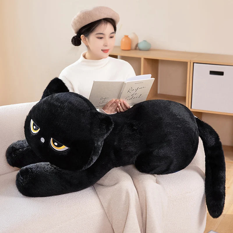 Black Cat Plush Pillow Soft Stuffed Lying Cat Cushion Cute Sleeping Cat Design Lovely Birthday Gift Idea for Cat Lovers