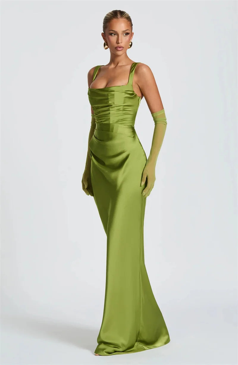 Elegant Backless Satin Maxi Dress – Sleeveless Halter Bodycon Party Gown