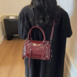Vintage Rivets Pillow Bag Large Capacity Zipper Single Shoulder Bag Top Handle Patent Leather Crossbody Women's Bag Women