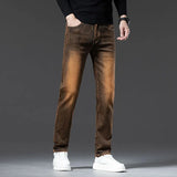 High Quality Brown Winter Jeans Men's Thickened Velvet Warm Elastic Straight Denim Pants Fashion Vintage Korean Plush Trousers