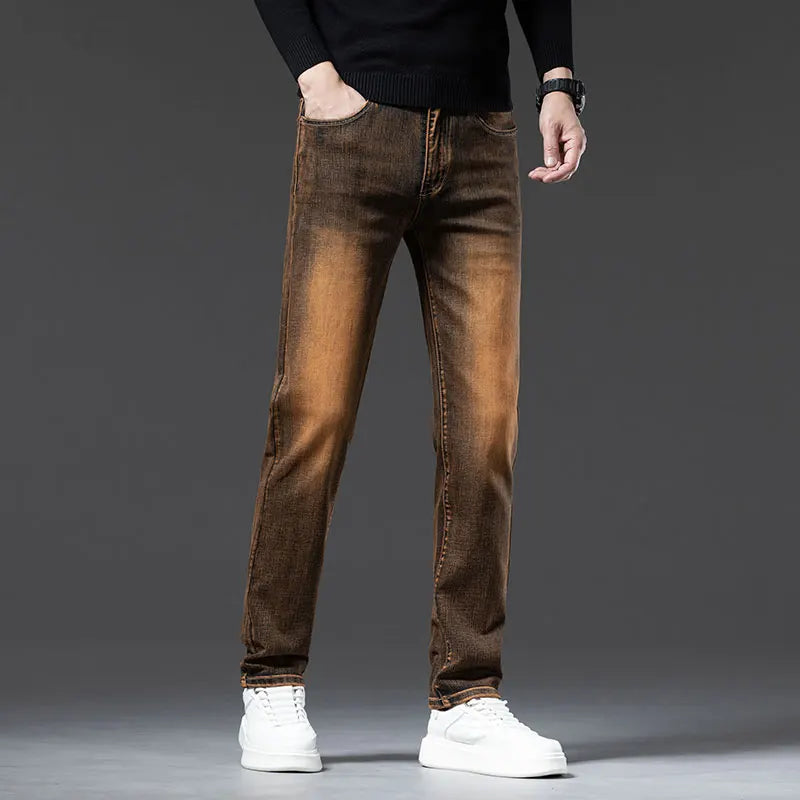 High Quality Brown Winter Jeans Men's Thickened Velvet Warm Elastic Straight Denim Pants Fashion Vintage Korean Plush Trousers