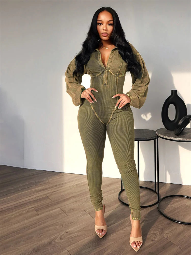Ribbed Distressed V-Neck Jumpsuit