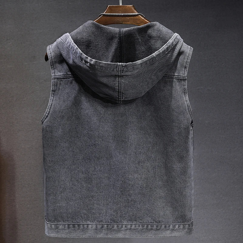 New Men's Loose Workwear Denim Vest with Hood Sleeveless Everyday Versatile Shoulder Pad Jacket Casual Unisex Outerwear