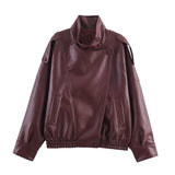 2026 Autumn Women's Faux Leather Jacket Brown Black Long Sleeve Stand Collar Thick Loose Lady Coat Fashion Motorcycle Streetwear
