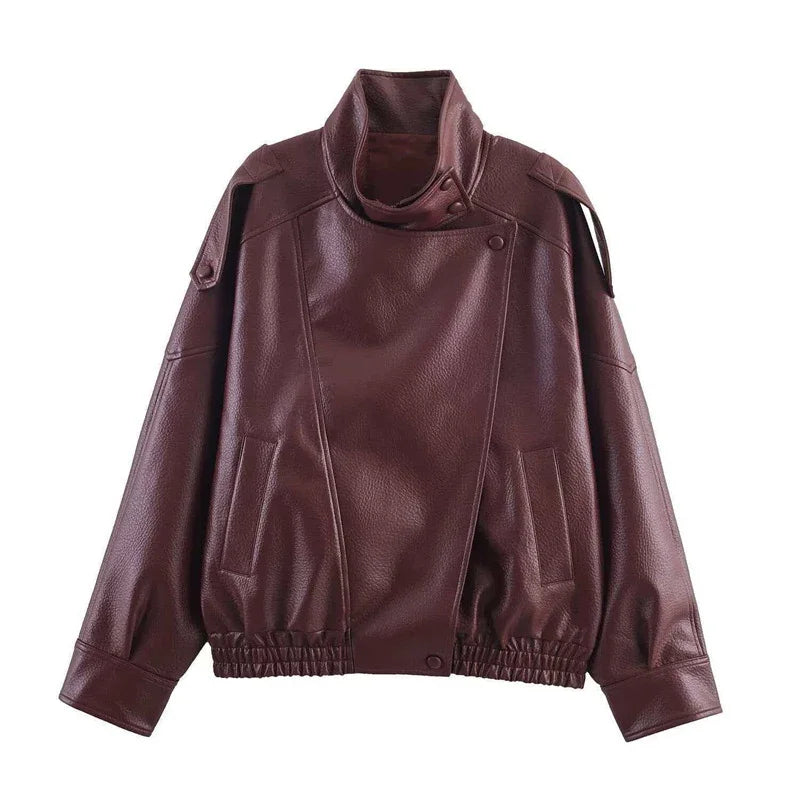 2026 Autumn Women's Faux Leather Jacket Brown Black Long Sleeve Stand Collar Thick Loose Lady Coat Fashion Motorcycle Streetwear