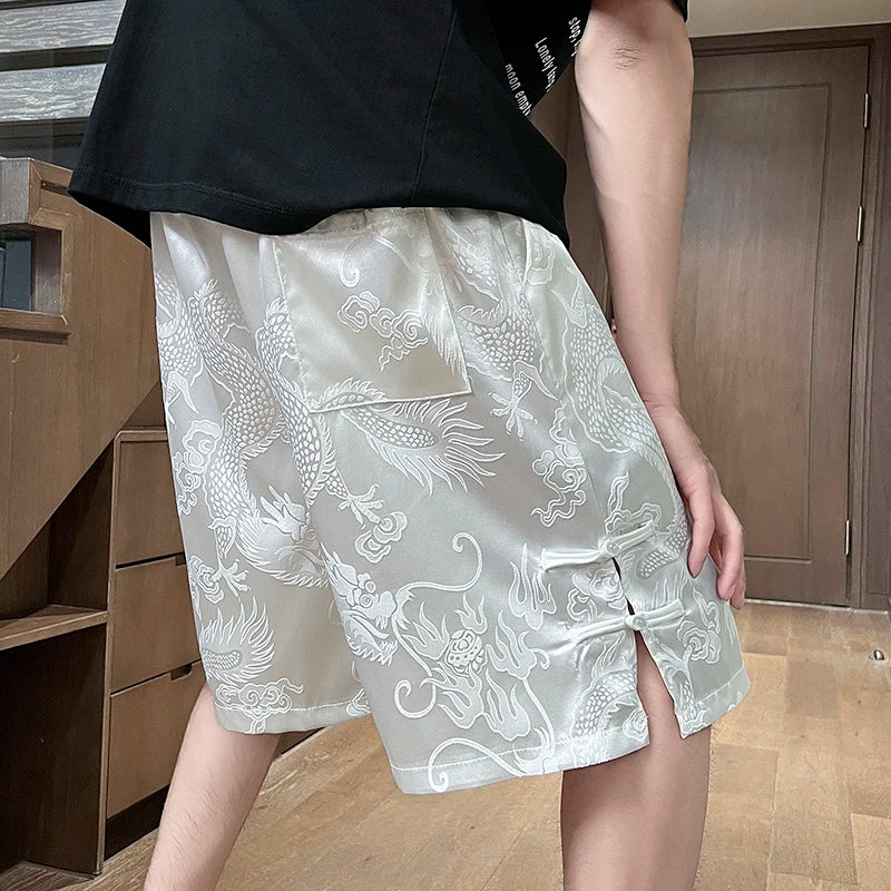 Men's Dragon Print Twill Shorts | Plus Size M–5XL