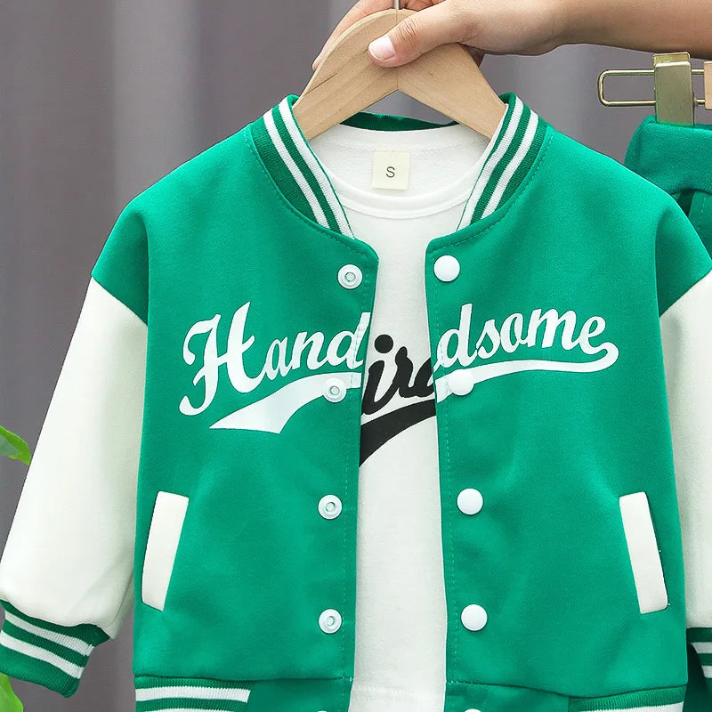 3pcs Set Kids Boys Clothes Baseball Coat+T-Shirt+Pant Spring Autumn Letter Print Sweatshirts Black Sports Casual Outfits Clothes