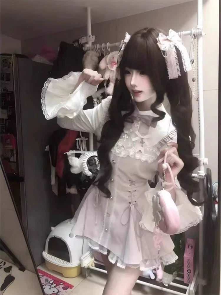 Japanese Y2K Aesthetics Vintage Bow Dress Shorts Set Women Gothic Lolita Style Long Sleeve Shirt Dress Elegant Party Dress Suits