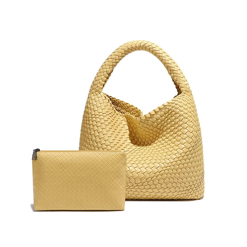 2025 Women Bag Luxury PU Leather Handbag Lady Fashion Handmade Knitting Tote Female Hand-woven Basket Shoulder Bag with Purse