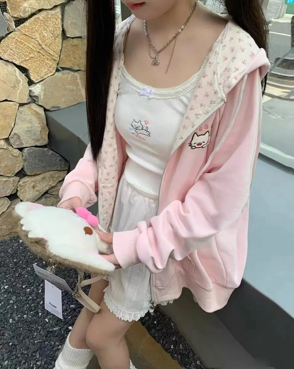 Women's Cat & Floral Print Zip-Up Hoodie